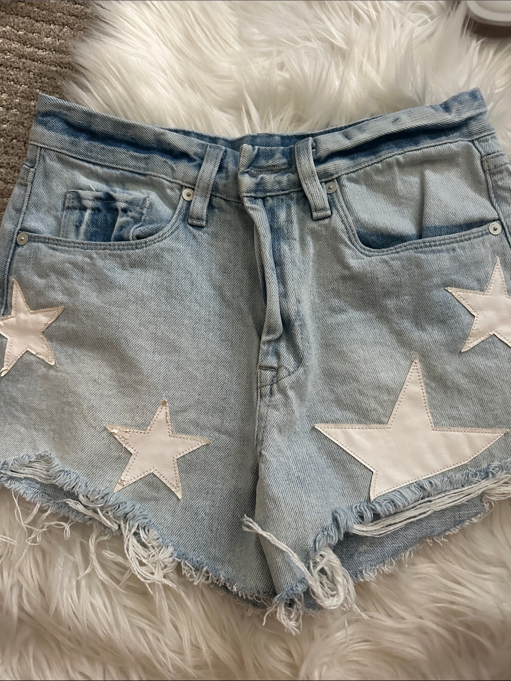 Blank NYC Light Blue Denim Shorts with White Star Patches